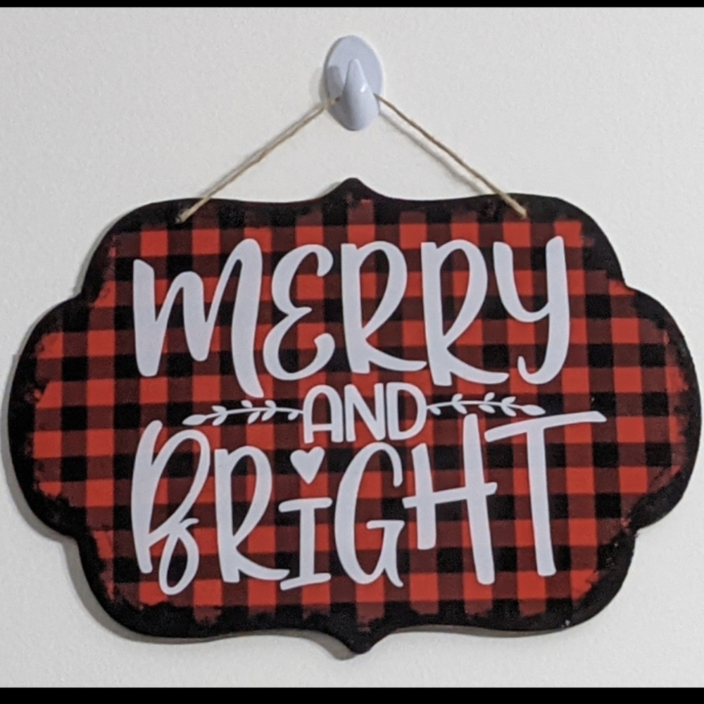 Merry and Bright Farmhouse Handmade Buffalo Plaid Red Hanging Wall Sign, Xmas